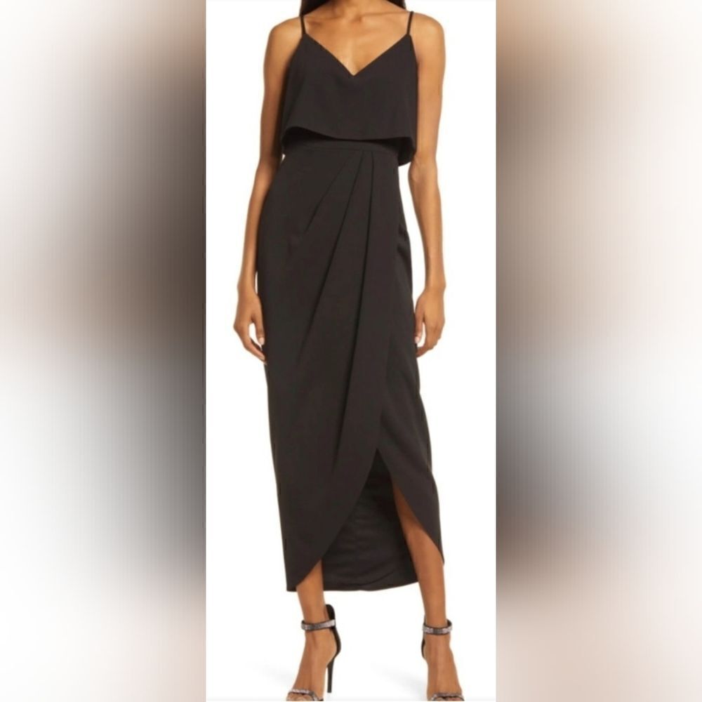 Xscape Scuba Crepe Popover Faux Wrap Gown NWT size 2 Black